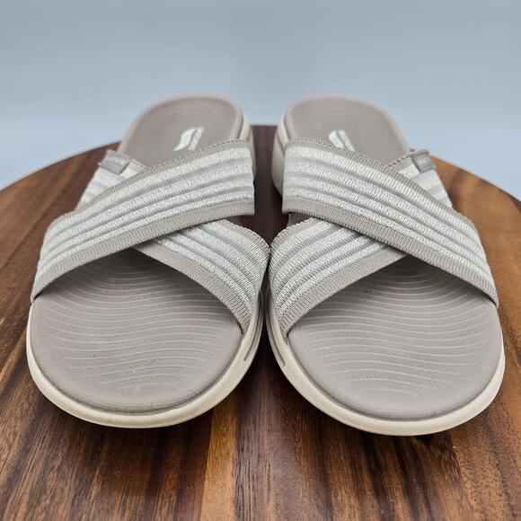 Skechers Go Walk Arch Fit Sandals Women's 9 Dark Taupe Criss Cross Straps Slides - Picture 2 of 7